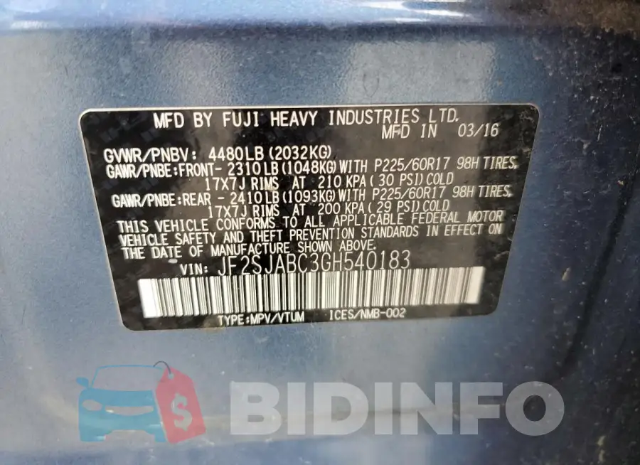 JF2SJABC3GH540183 Photo# 13