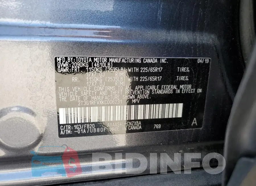 2T3G1RFVXKC006231 Photo# 12
