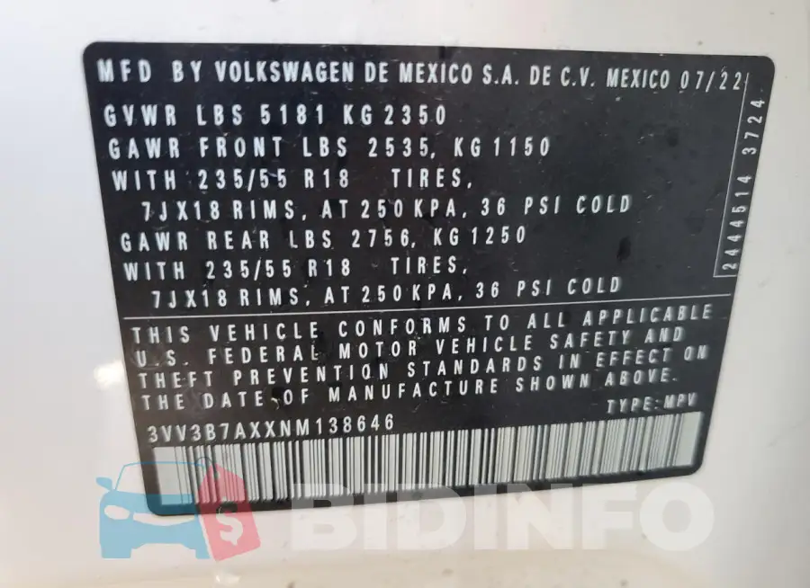 3VV3B7AXXNM138646 Photo# 14