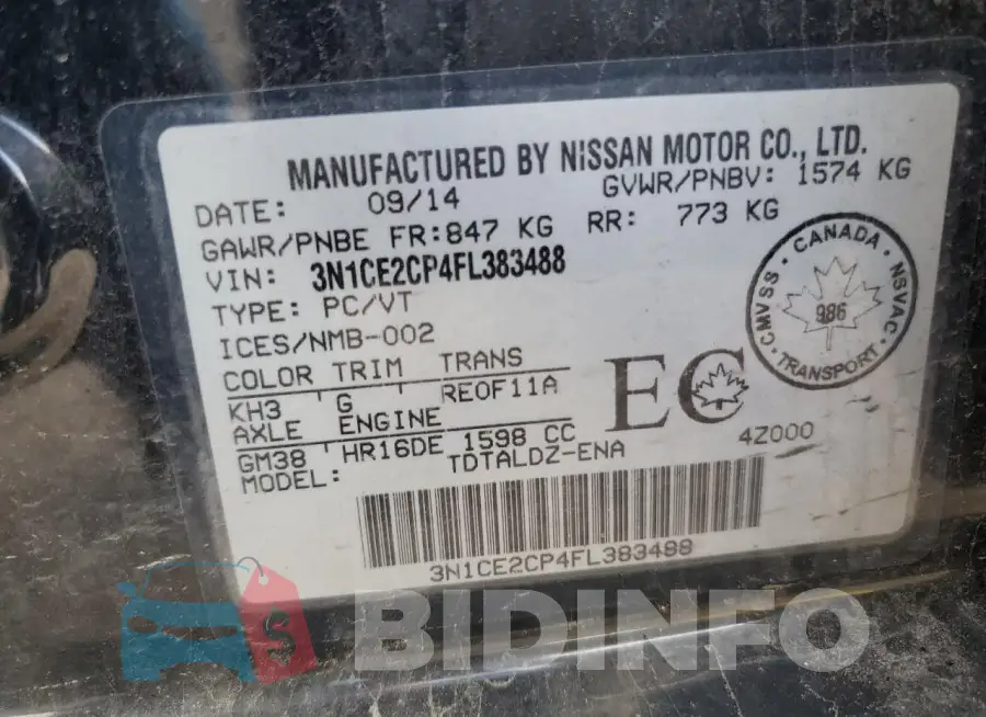 3N1CE2CP4FL383488 Photo# 12