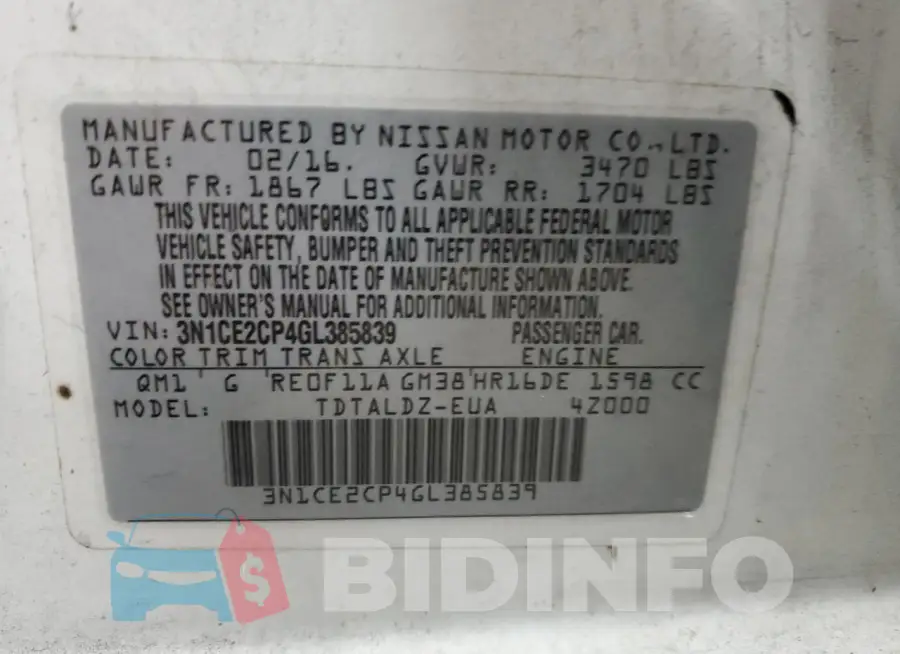 3N1CE2CP4GL385839 Photo# 13