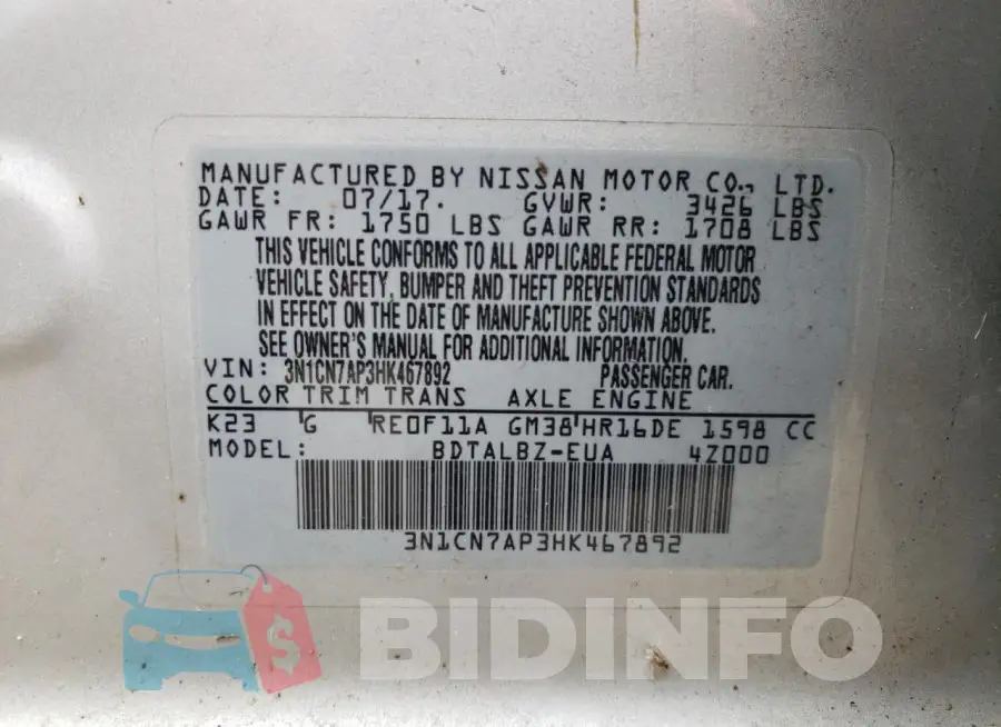3N1CN7AP3HK467892 Photo# 12
