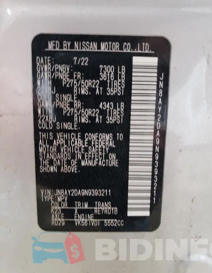 JN8AY2DA9N9393211 Photo# 14