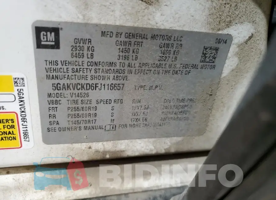 5GAKVCKD6FJ116657 Photo# 14