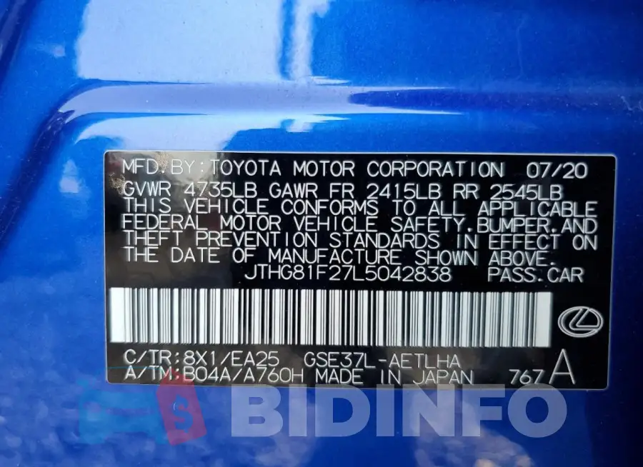 JTHG81F27L5042838 Photo# 12