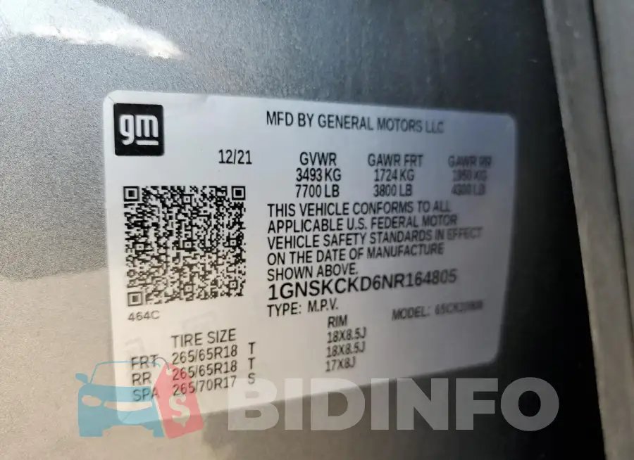 1GNSKCKD6NR164805 Photo# 14