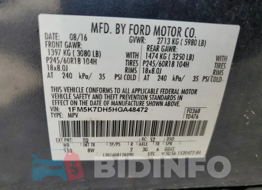 1FM5K7DH5HGA48472 Photo# 13