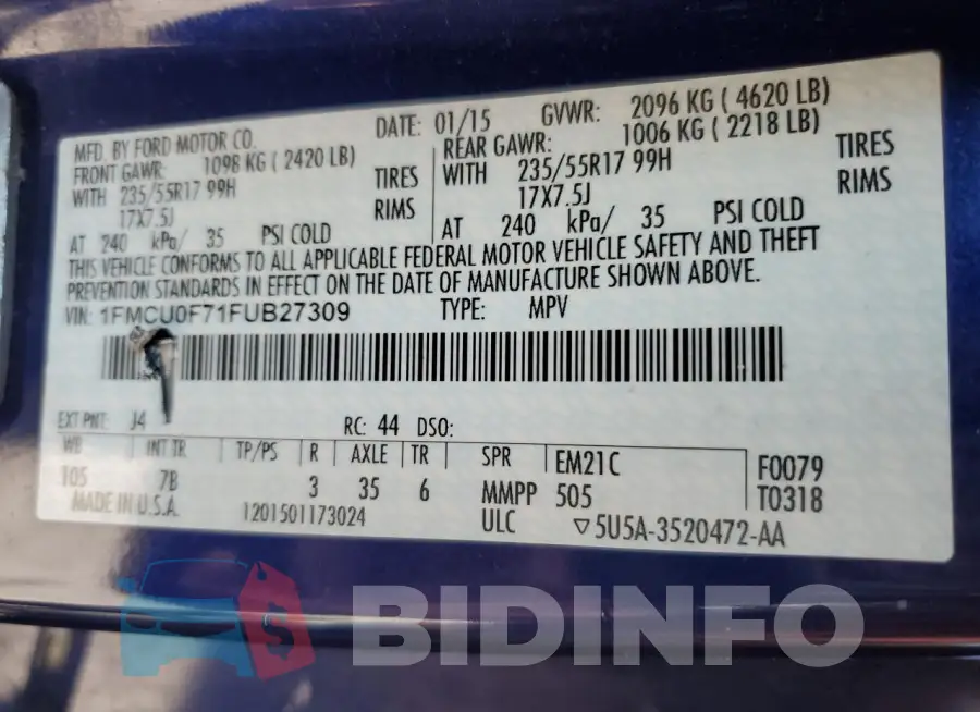 1FMCU0F71FUB27309 Photo# 14