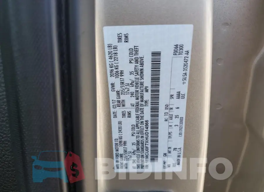1FMCU0F7XHUD14566 Photo# 13