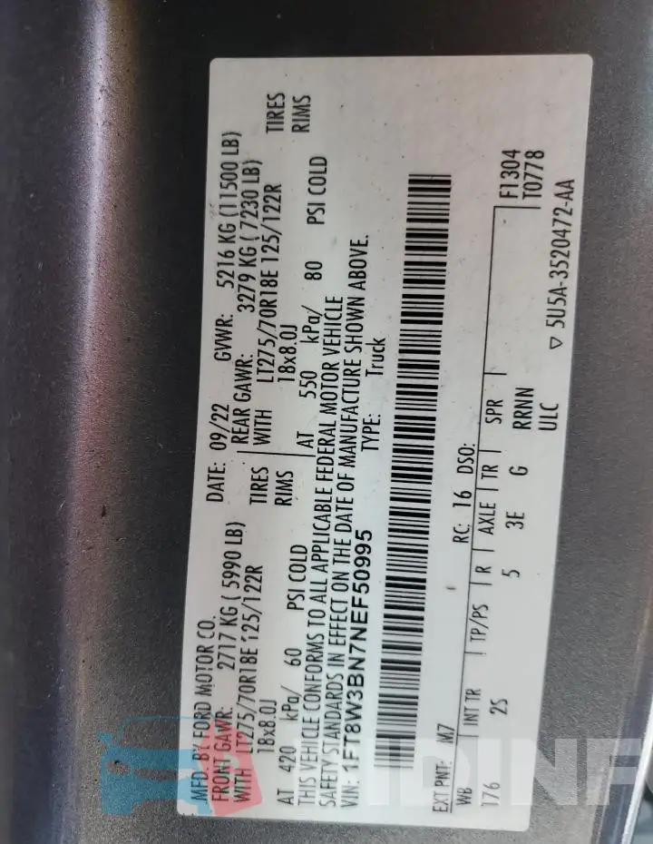 1FT8W3BN7NEF50995 Photo# 12