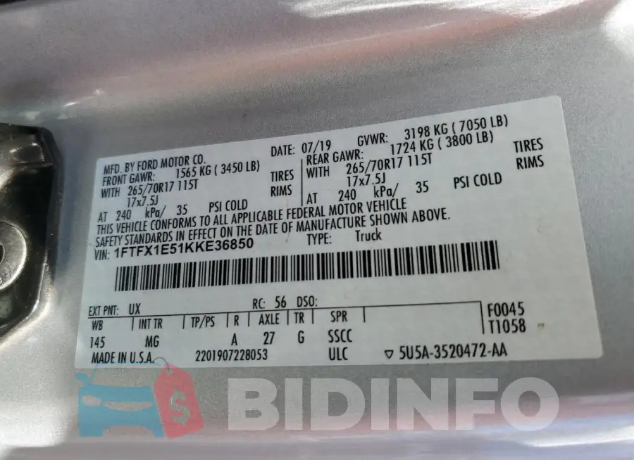 1FTFX1E51KKE36850 Photo# 13