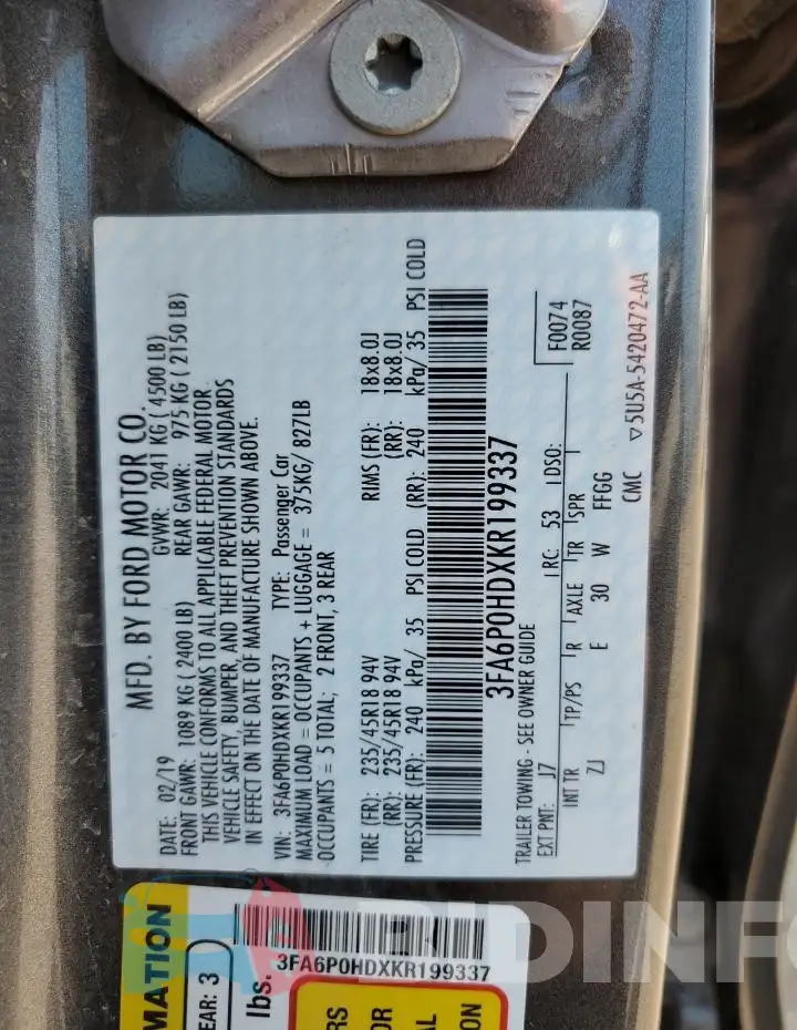 3FA6P0HDXKR199337 Photo# 12