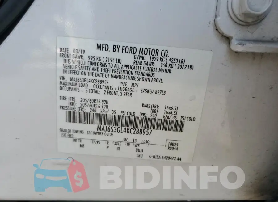 MAJ6S3GL4KC288957 Photo# 13