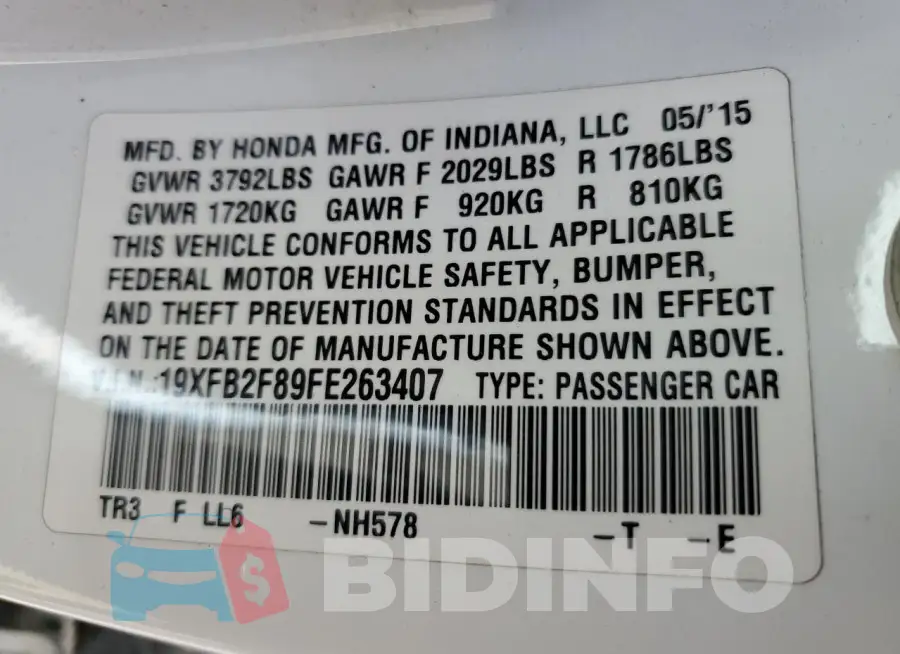 19XFB2F89FE263407 Photo# 12