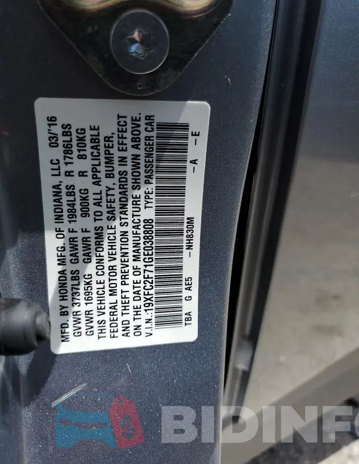 19XFC2F71GE038808 Photo# 12