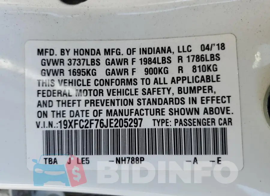 19XFC2F76JE205297 Photo# 12