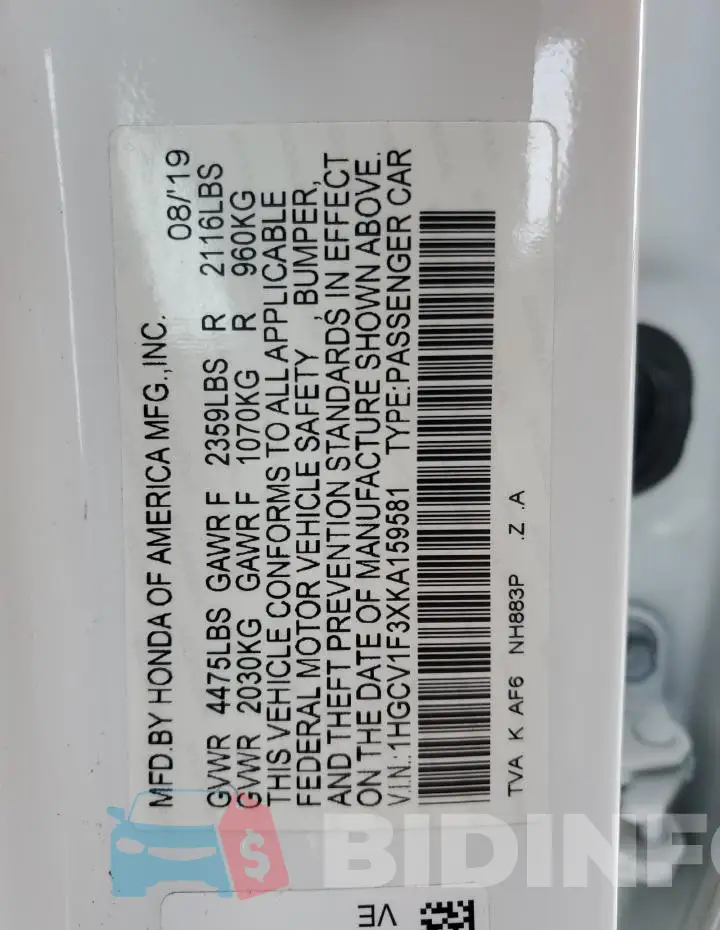 1HGCV1F3XKA159581 Photo# 12