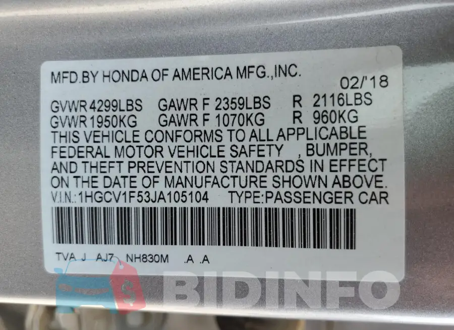 1HGCV1F53JA105104 Photo# 12