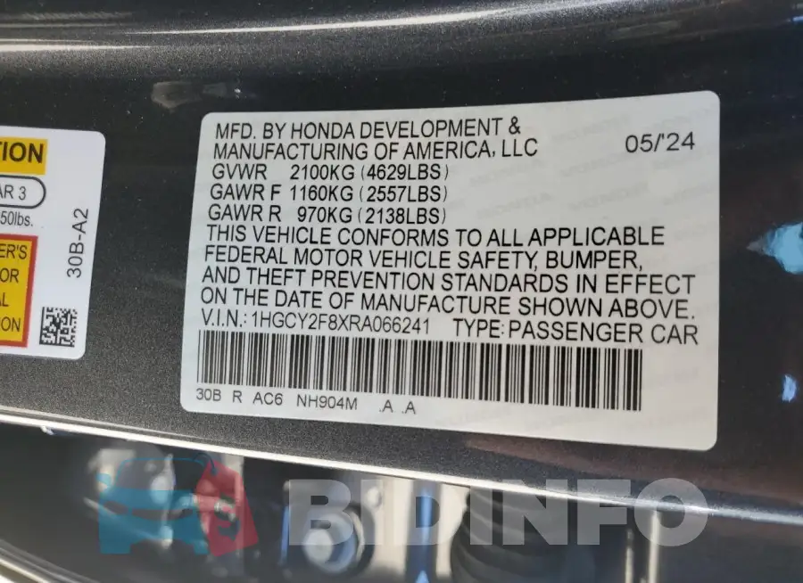 1HGCY2F8XRA066241 Photo# 12