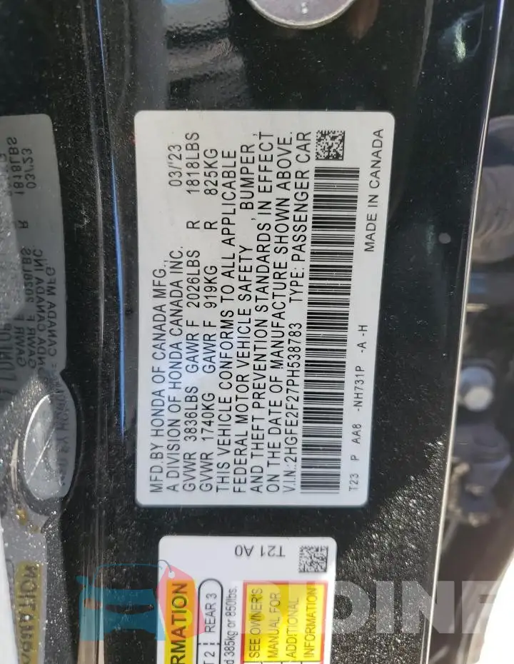 2HGFE2F27PH538783 Photo# 12