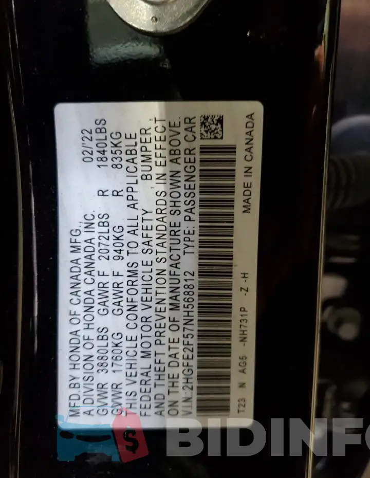 2HGFE2F57NH568812 Photo# 12