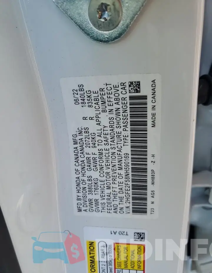 2HGFE2F58NH590169 Photo# 12