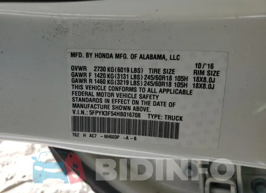 5FPYK3F54HB016708 Photo# 13