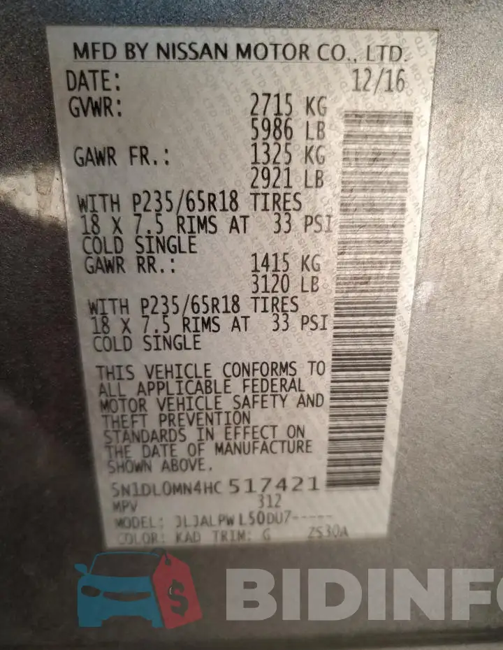 5N1DL0MN4HC517421 Photo# 14