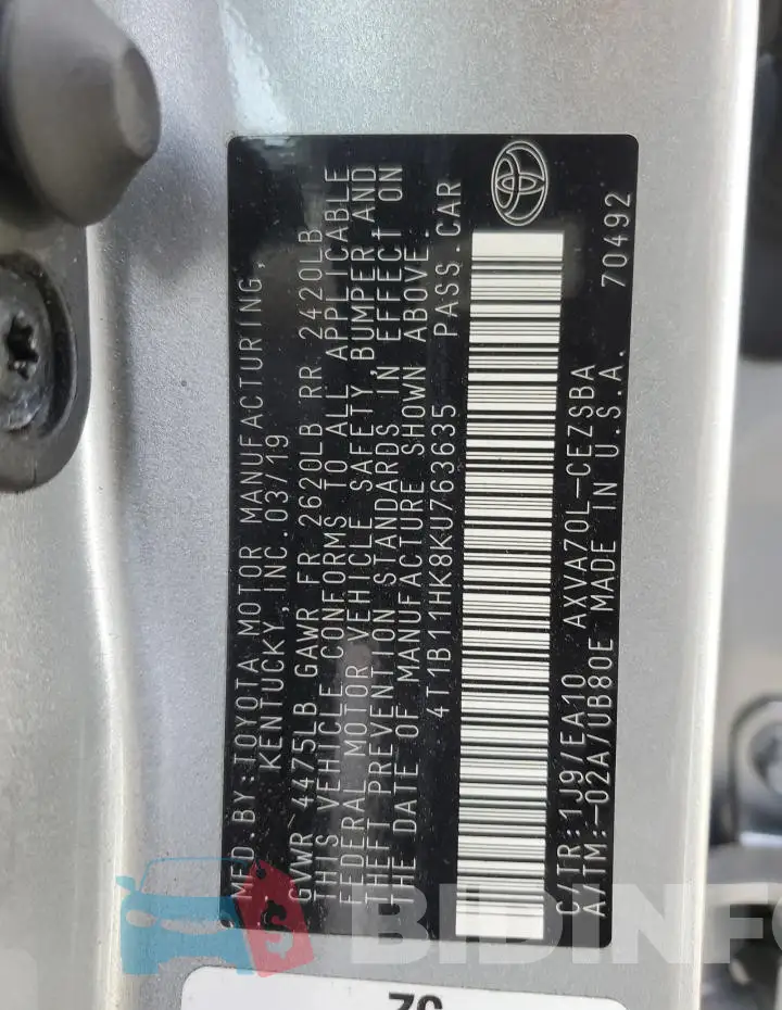 4T1B11HK8KU763635 Photo# 12