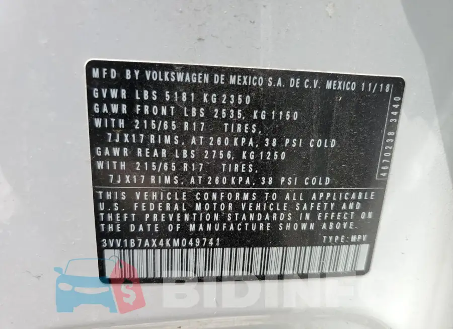 3VV1B7AX4KM049741 Photo# 13