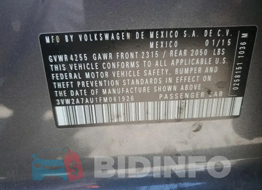 3VW2A7AU1FM061926 Photo# 14