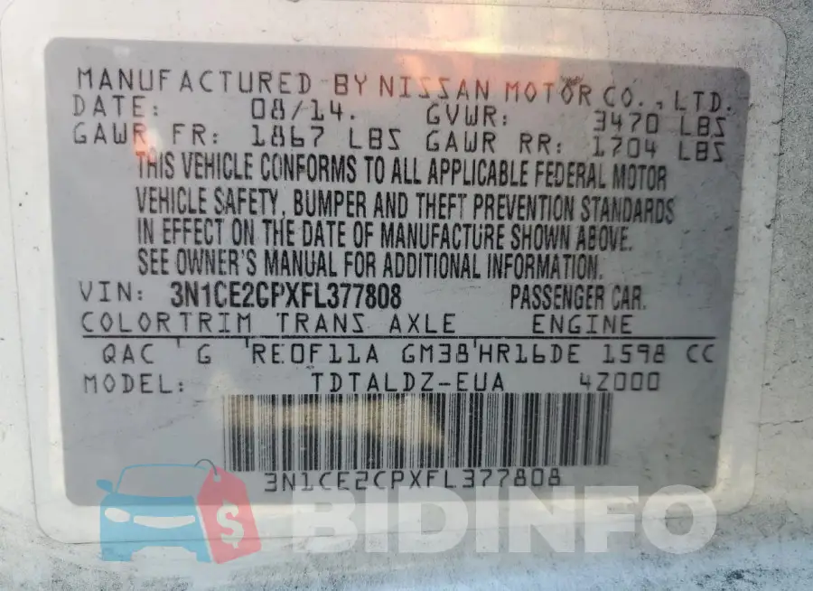 3N1CE2CPXFL377808 Photo# 12