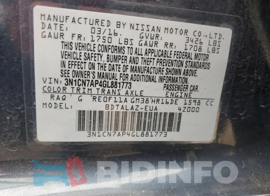 3N1CN7AP4GL881773 Photo# 13