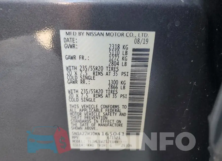 5N1AZ2MJ0KN165041 Photo# 12
