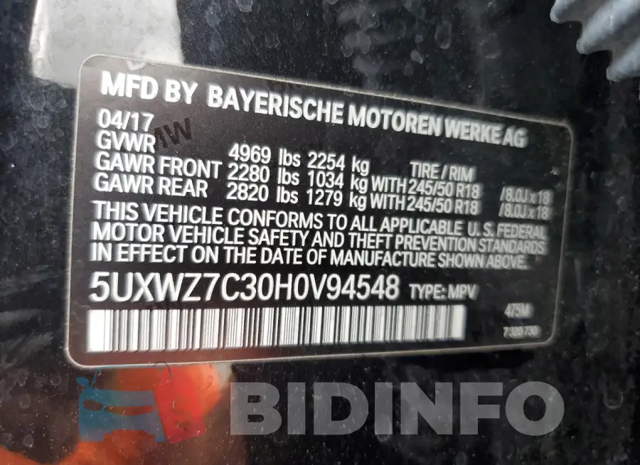 5UXWZ7C30H0V94548 Photo# 13