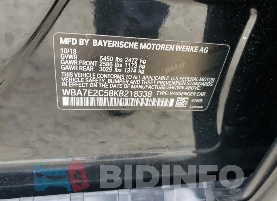WBA7E2C58KB218338 Photo# 12