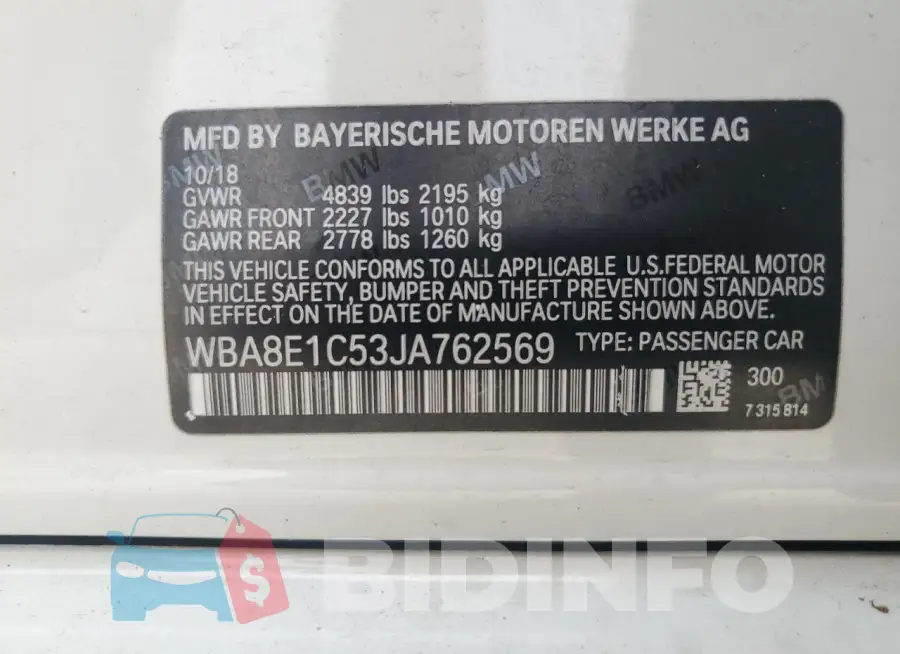 WBA8E1C53JA762569 Photo# 12
