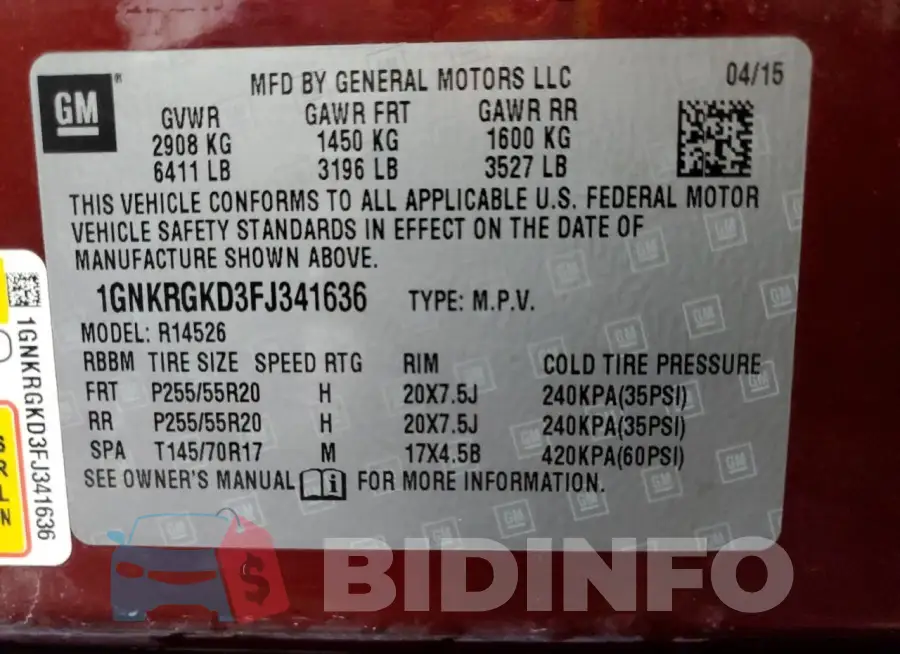 1GNKRGKD3FJ341636 Photo# 13