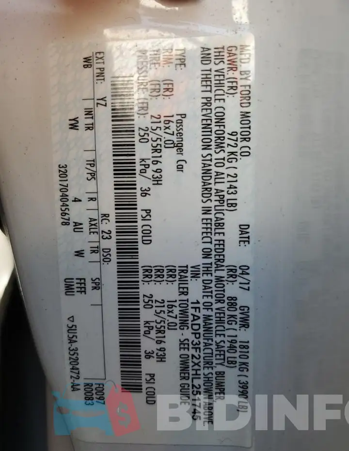 1FADP3F2XHL251745 Photo# 12