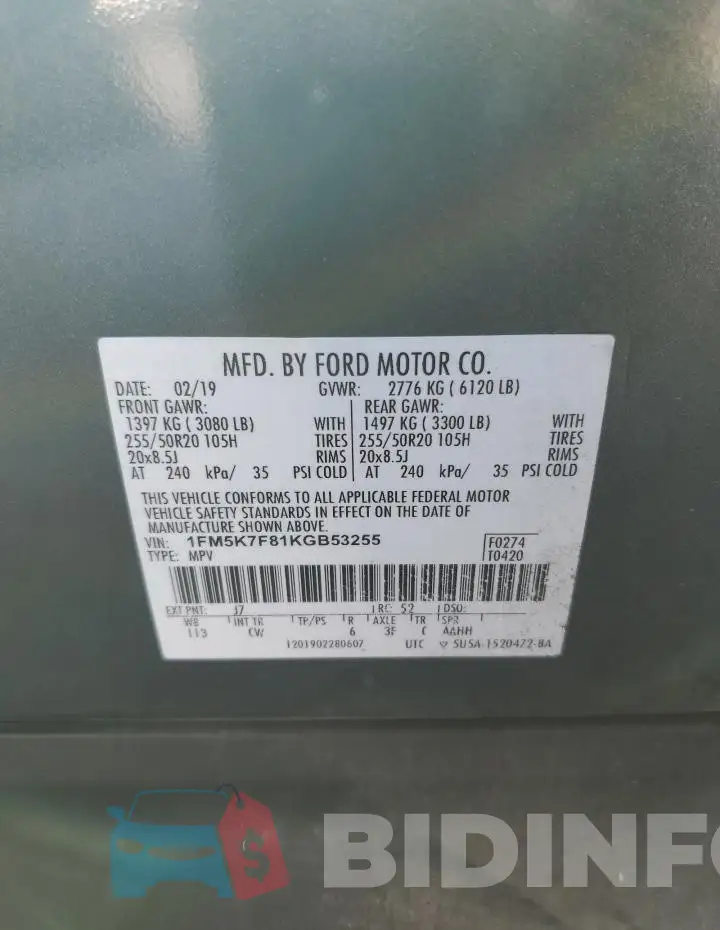 1FM5K7F81KGB53255 Photo# 13