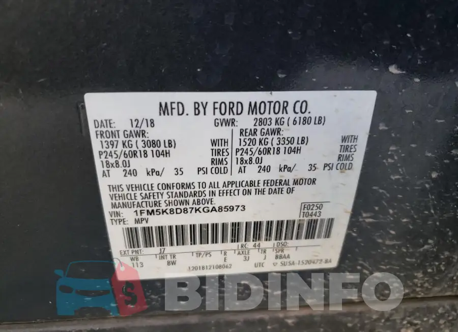 1FM5K8D87KGA85973 Photo# 14