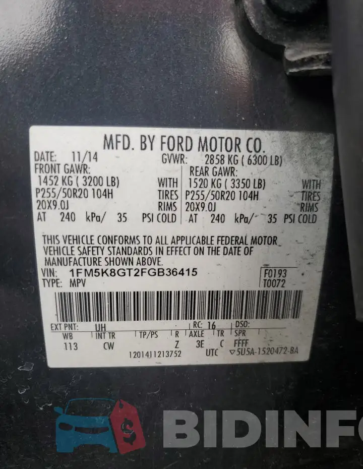 1FM5K8GT2FGB36415 Photo# 13