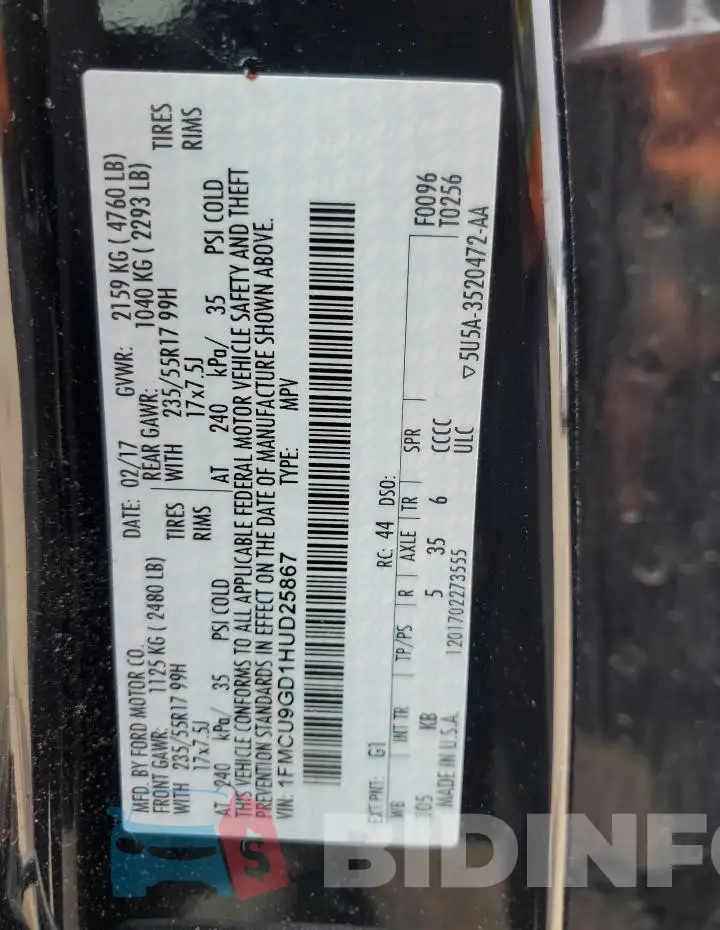 1FMCU9GD1HUD25867 Photo# 14