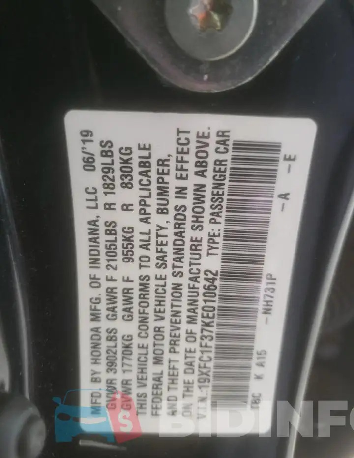 19XFC1F37KE010642 Photo# 12