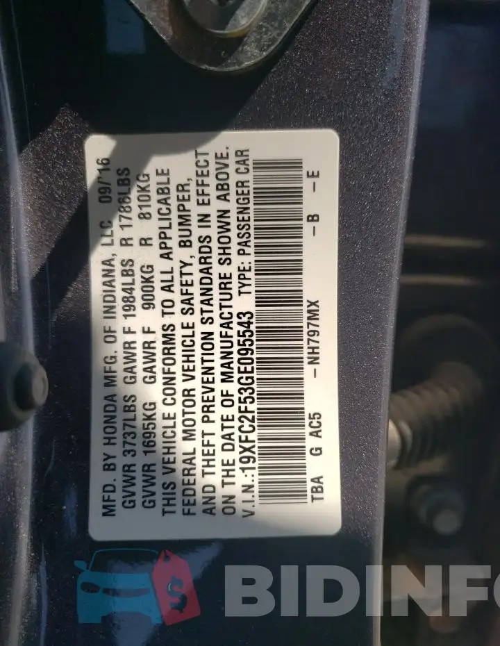 19XFC2F53GE095543 Photo# 12