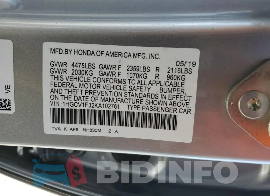 1HGCV1F32KA102761 Photo# 13