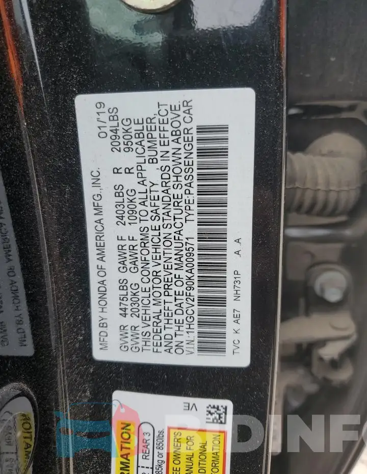 1HGCV2F90KA009571 Photo# 12