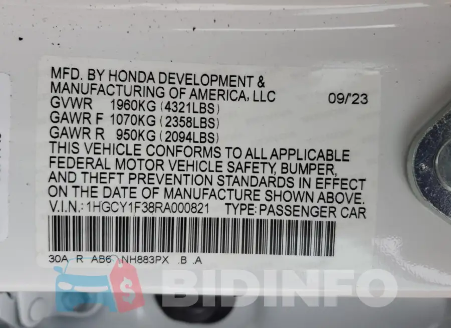 1HGCY1F38RA000821 Photo# 12