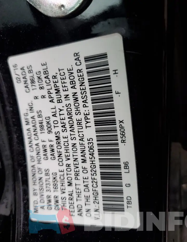 2HGFC2F52GH540635 Photo# 12