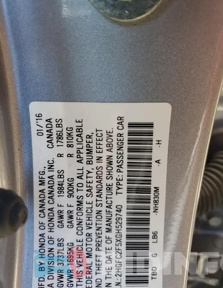 2HGFC2F5XGH529740 Photo# 12